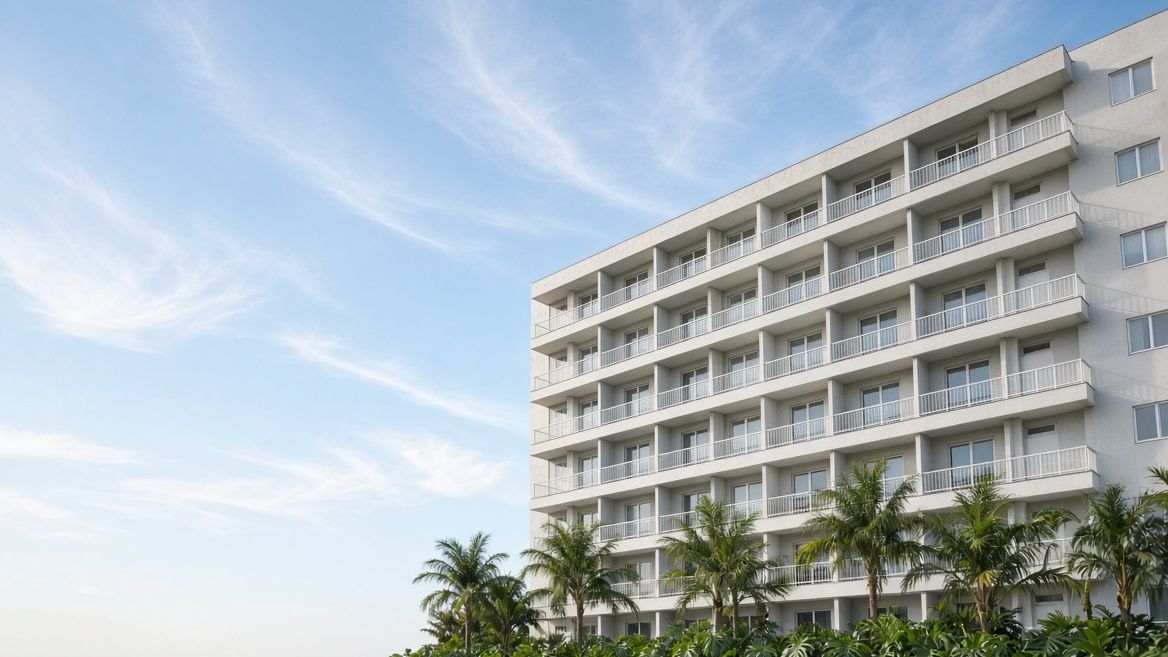 Edifício residencial claro de sete pavimentos com sacadas recuadas, palmeiras e vegetação na base, contra céu azul claro.