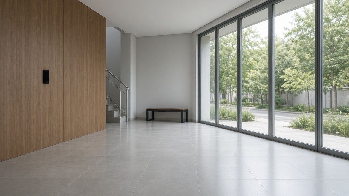 Hall de entrada de condomínio vazio, com parede em madeira, interfone, banco simples e fechamento envidraçado de altura total dando para a área verde.