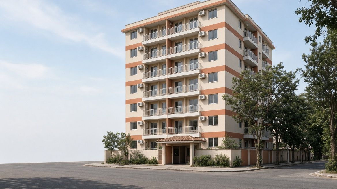 Edifício residencial de porte médio com sacadas e árvores à frente.