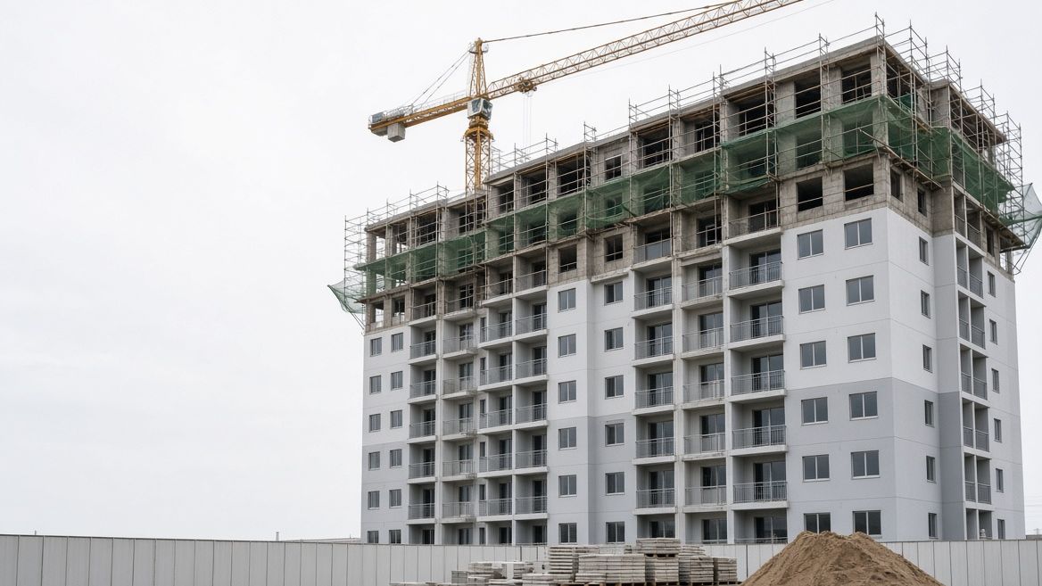 Edifício residencial na fase final de obra, com os últimos pavimentos em concreto aparente e tela de proteção, guindaste ao fundo e pallets de material no canteiro.