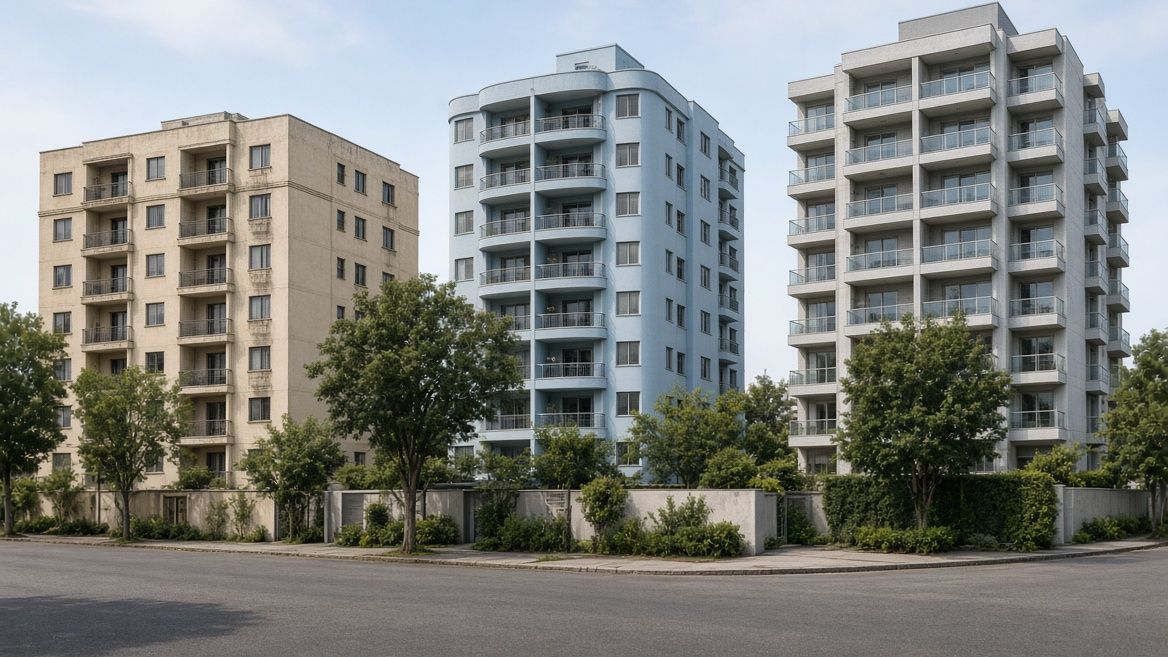 Três edifícios residenciais de épocas e cores diferentes — um bloco bege, uma torre azul-clara de cantos arredondados e um prédio cinza com guarda-corpo de vidro — na mesma rua.